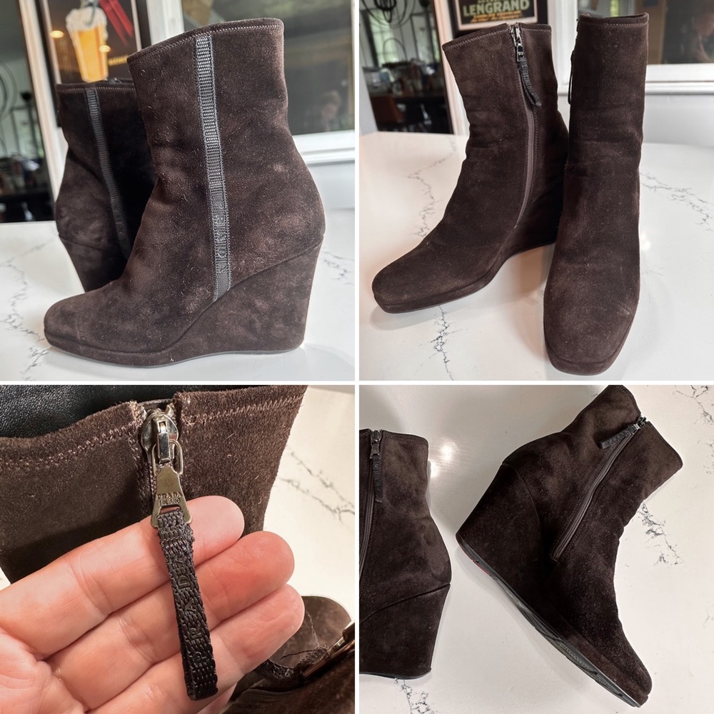 Prada size 38 sueded leather comfort wedges side zippers classic black logo 7.5 - Picture 3 of 10